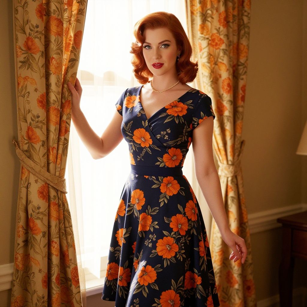 Vintage Style Woman in Navy Blue Floral Dress by Window