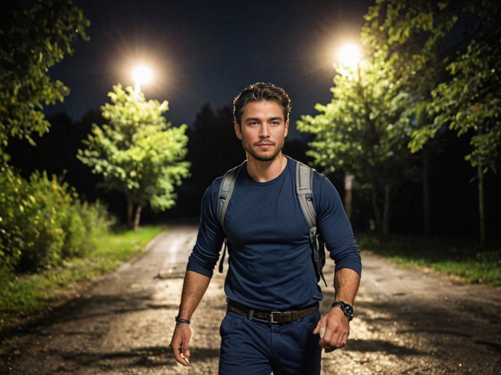 Casual man in dark blue t-shirt and jeans outdoors at night