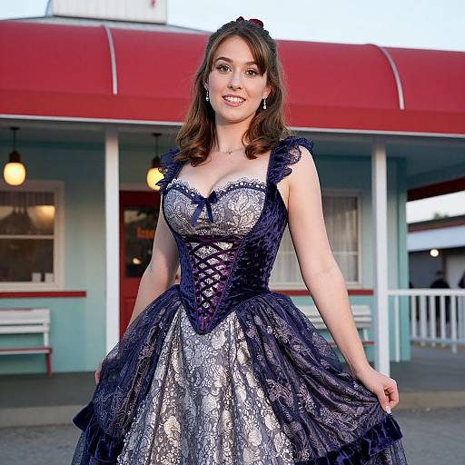 Young Woman in Elegant Victorian-Style Purple Dress Outdoor