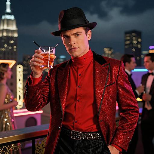 Stylish Man in Red Blazer at Nighttime Rooftop Party with Cityscape