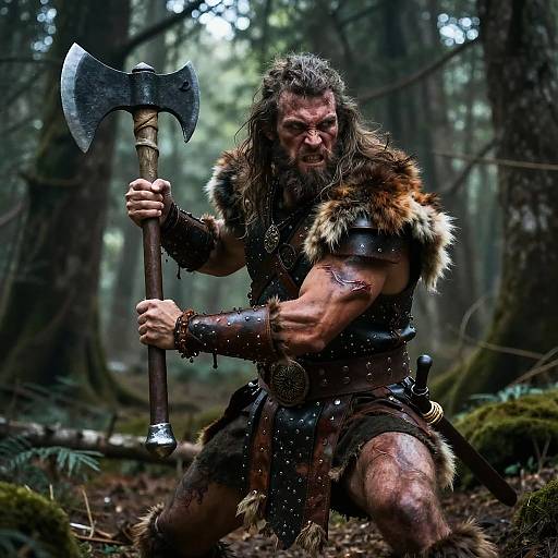 Fierce Viking Warrior in Forest Holding Double-Headed Axe