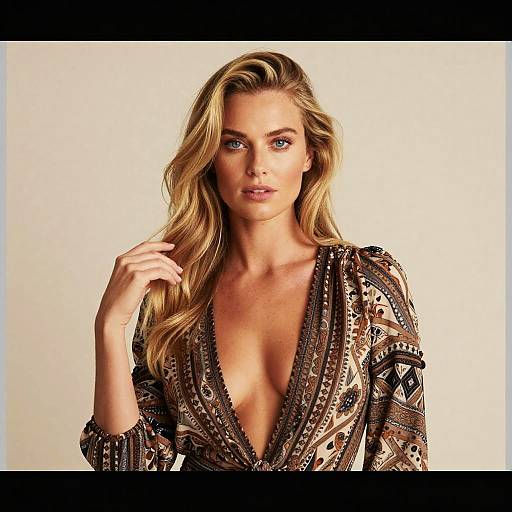 Blonde Woman in Deep V-Neck Bohemian Patterned Dress Portrait