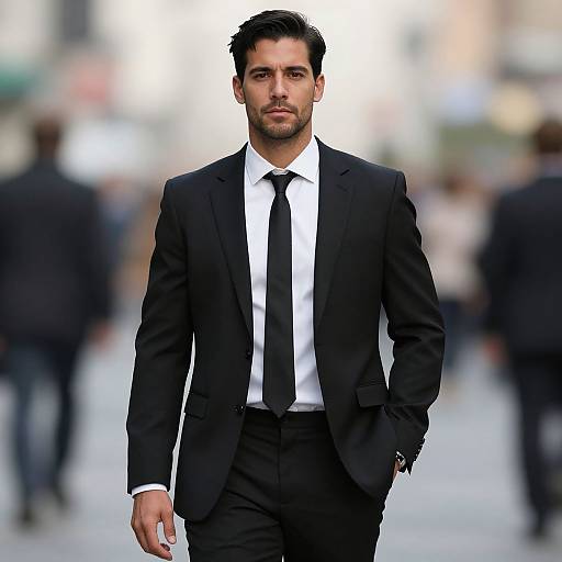 Confident Man in Black Suit Walking in Urban Setting