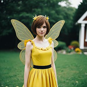 Young Woman in Yellow Fairy Costume with Wings