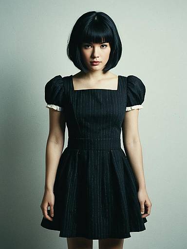 Young Woman in Vintage Black Pinstripe Dress with Puff Sleeves and Square Neckline