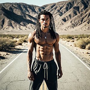 Muscular Man with Dreadlocks on Desert Road