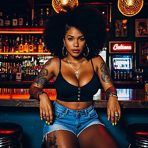 Confident Woman with Afro Hair at Bar