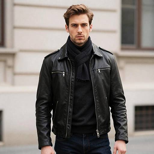 Man in Black Leather Jacket and Scarf Standing Outdoors Urban Style