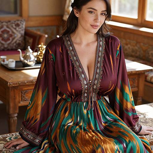 Woman in Vibrant Traditional Embroidered Dress Sitting Indoors