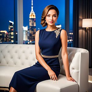 Elegant Woman in Navy Gown in Urban Apartment