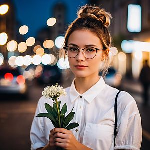 Young Woman Holding Flowers on City Street at Dusk with Bokeh Lights