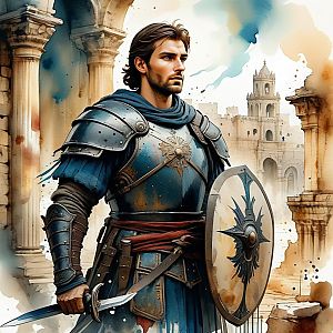 Warrior in Blue Armor in Medieval Setting