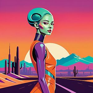 Futuristic Woman in Desert at Sunset