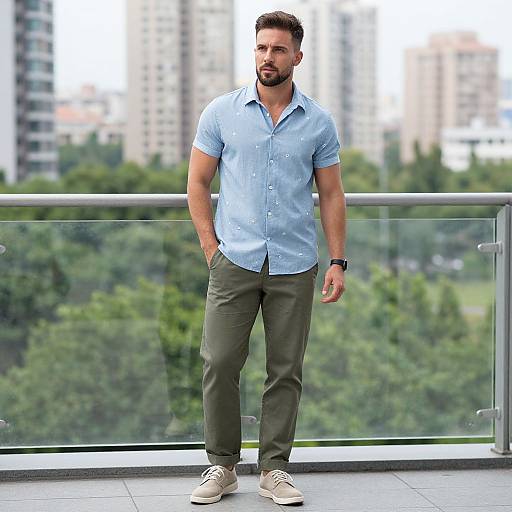 Young Man in Casual Outfit on City Balcony with Urban Background