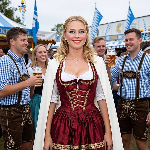 People in Traditional Bavarian Attire Celebrating Oktoberfest with Beer
