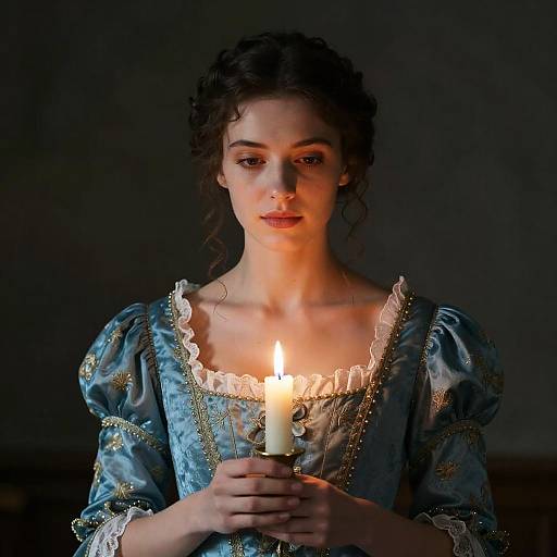 Woman in Renaissance Dress Holding Candle in Dim Light