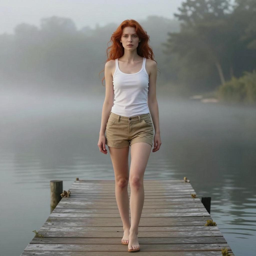 Casual Gen Z Woman Walking Barefoot on Misty Lake Dock