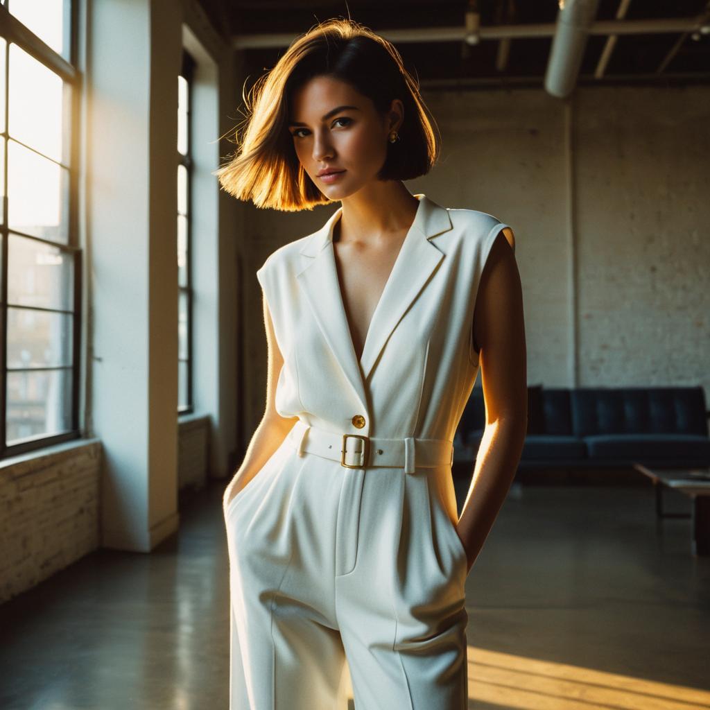 Confident Woman in White Sleeveless Belted Jumpsuit in Modern Loft