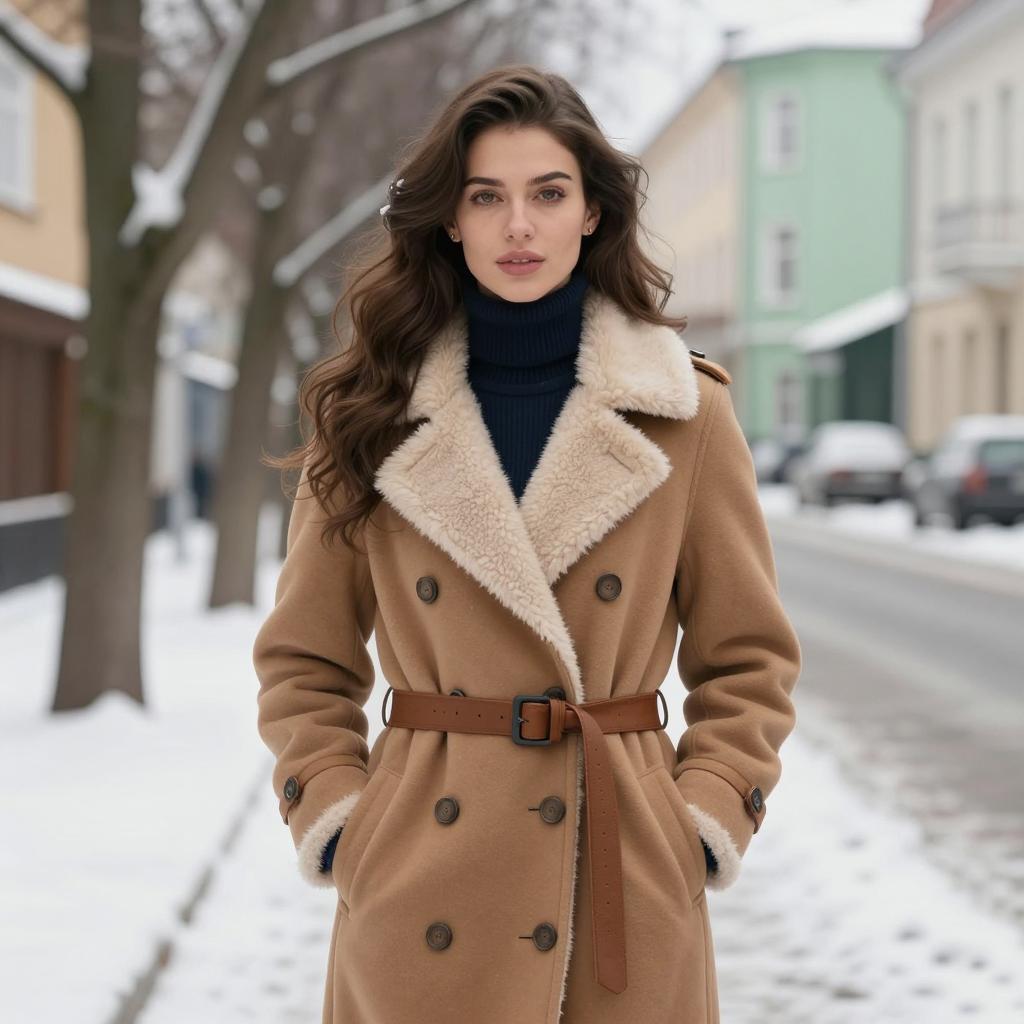 Woman in Camel Shearling Coat on Snowy Street Fashion Portrait