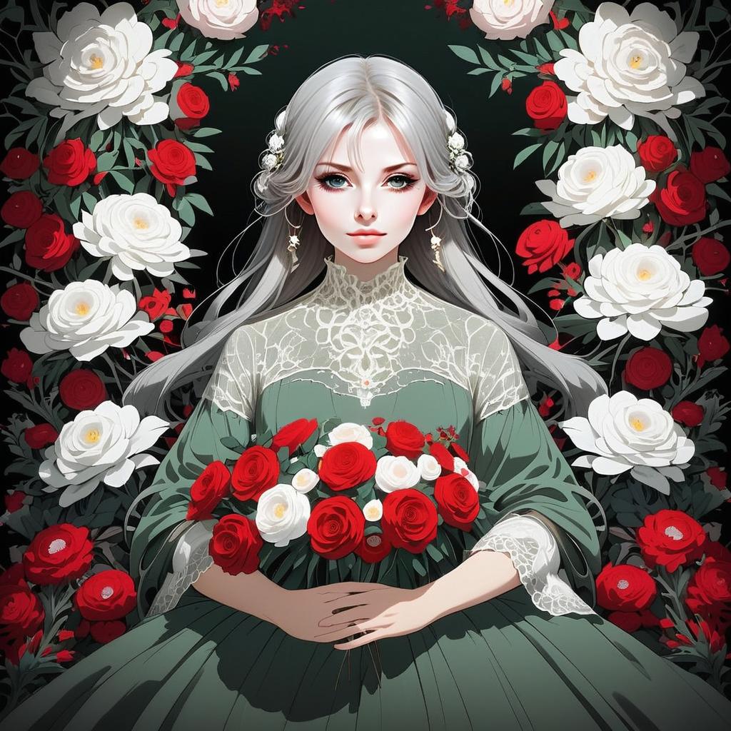 Elegant Woman in Vintage Lace Gown with Roses