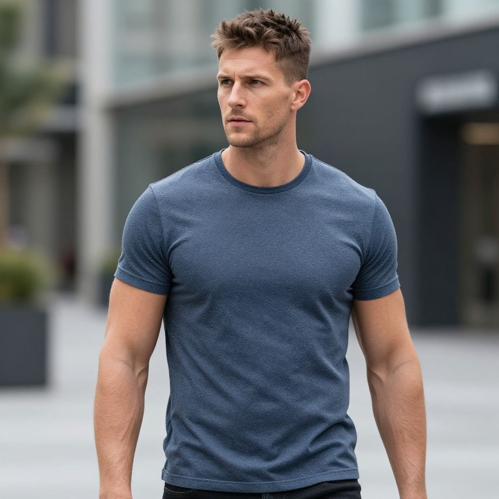 Young Fit Man in Blue T-Shirt Urban Casual Fashion