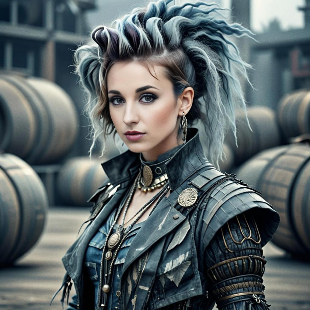 Edgy Woman in Steampunk Outfit with Wooden Barrels