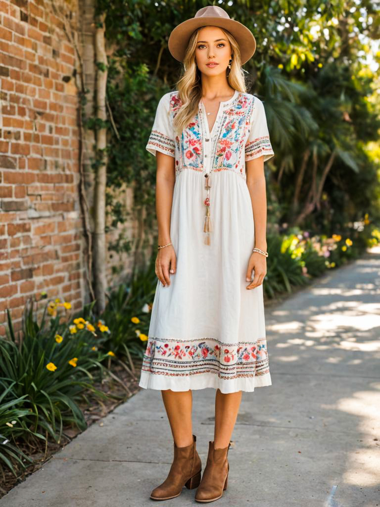 Stylish Woman in Embroidered White Dress Outdoors