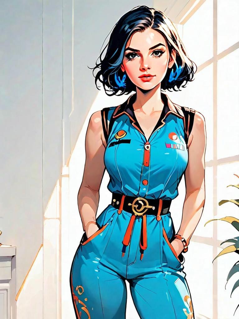 Confident Woman in Blue Military-Inspired Jumpsuit Digital Illustration