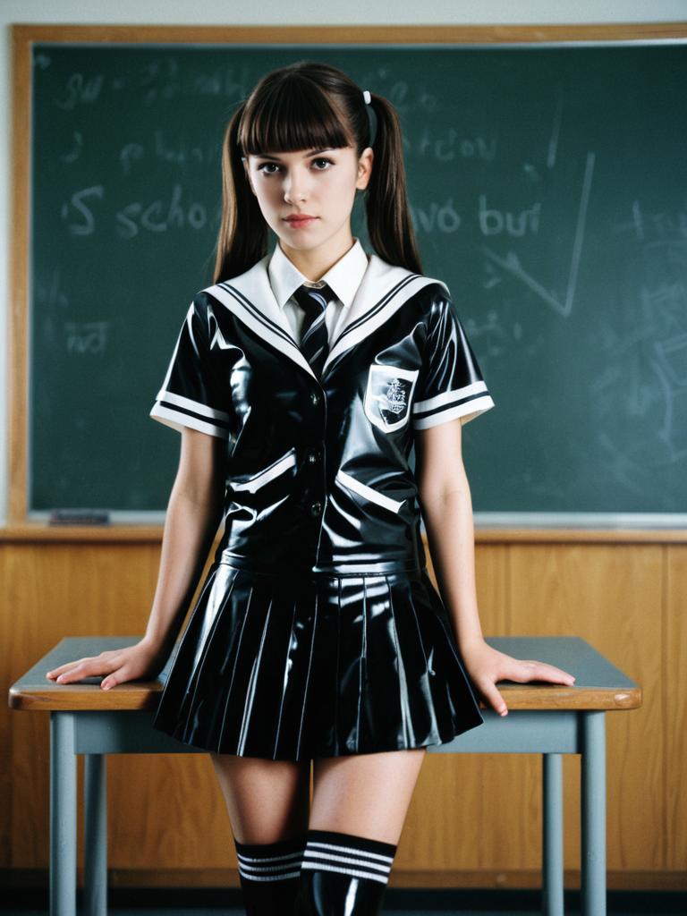 Glossy Black Latex Schoolgirl Uniform Woman in Classroom