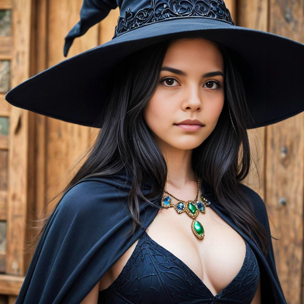 Elegant Black Witch Costume with Gemstone Necklace Elegant Black Witch Costume with Gemstone Necklace