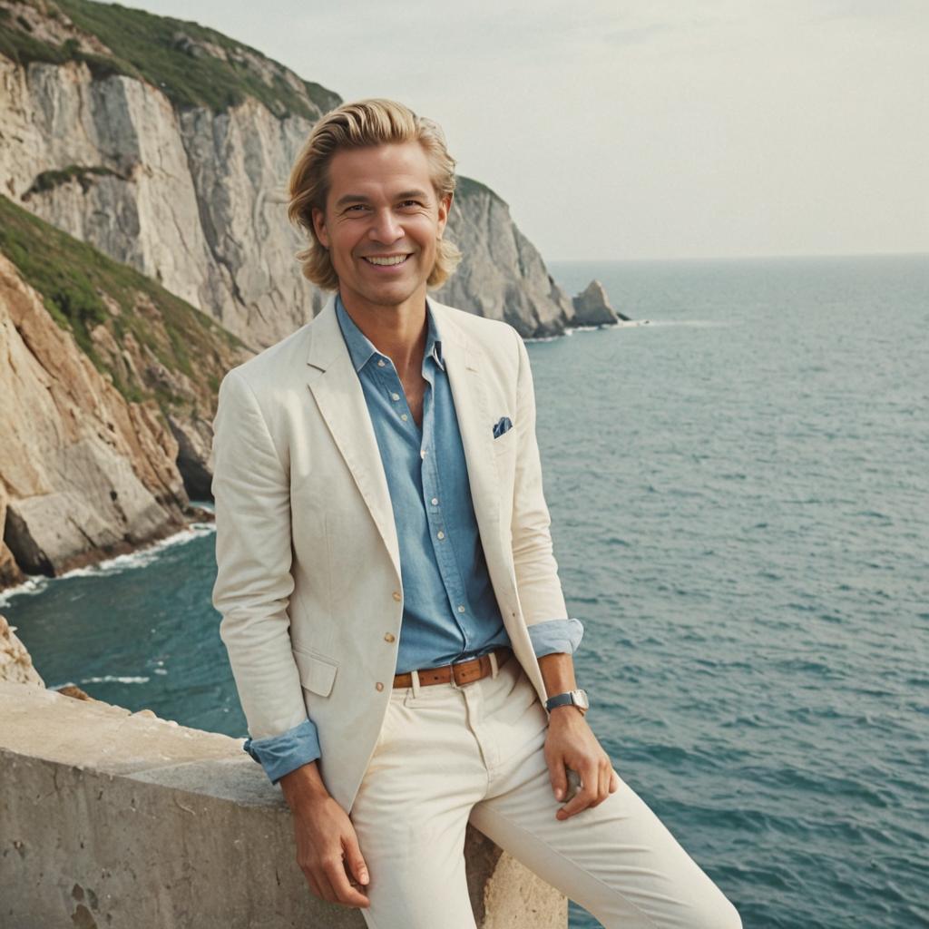 Stylish Man in Casual Summer Suit by Coastal Cliff