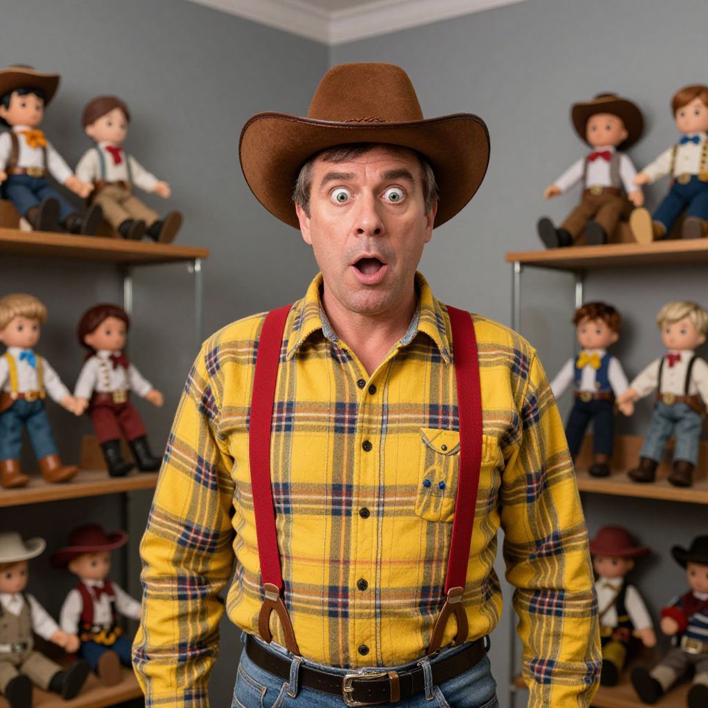 Surprised Man in Cowboy Hat with Western Cowboy Doll Collection