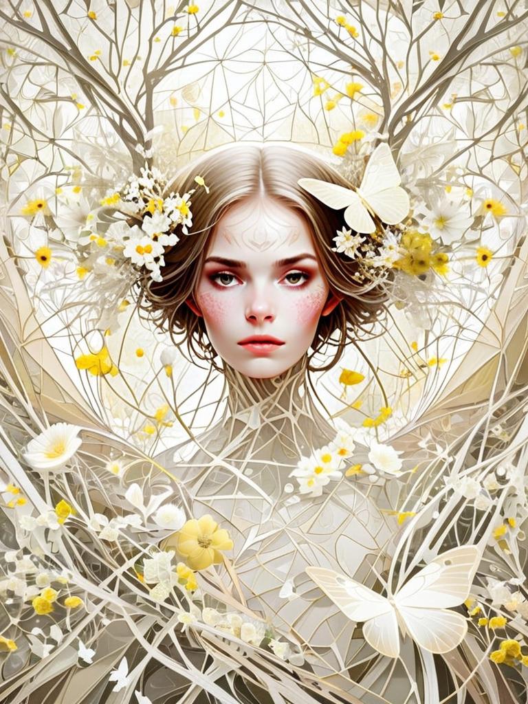 Ethereal Woman Surrounded by Floral and Butterfly Fantasy Digital Art