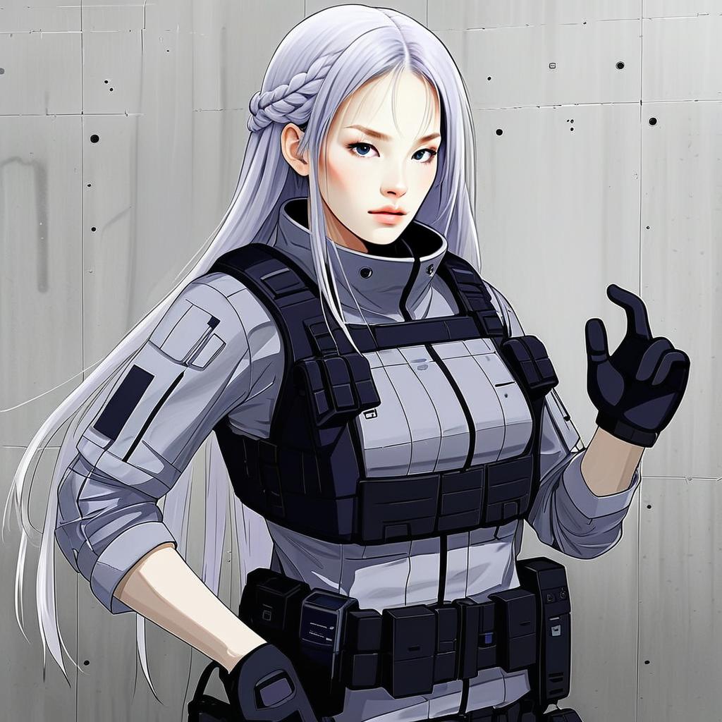 Anime Girl in Tactical Gear with Silver Hair - Frontline Style Illustration