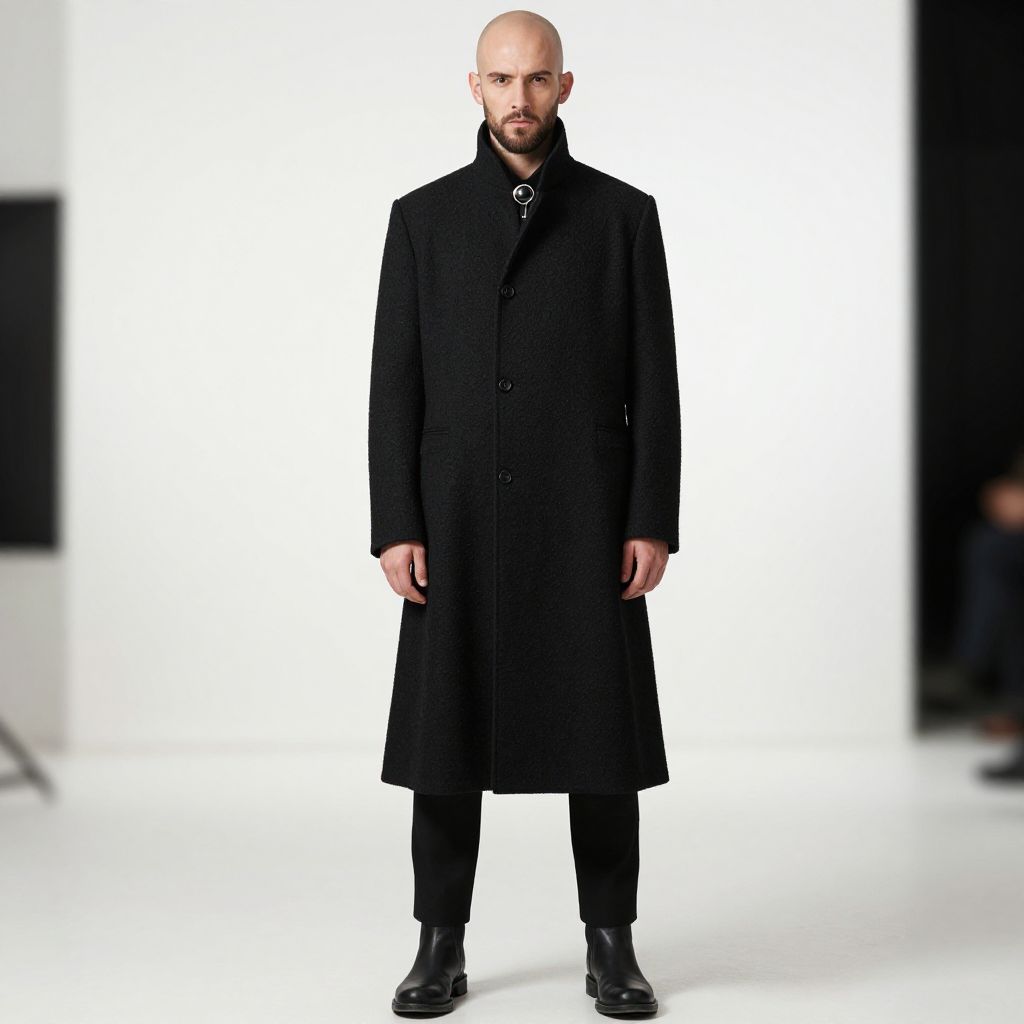 Man in Modern Long Black Coat Standing in Minimalist Studio vllm2603270225r3vn