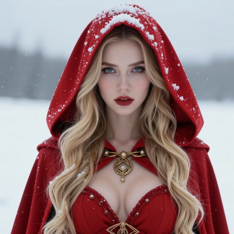 Woman in Red Hooded Cape in Snowy Winter Landscape