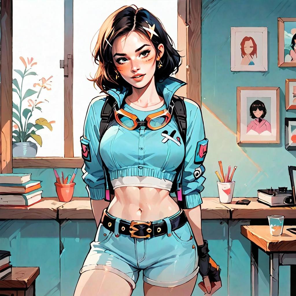 Stylish Young Woman in Blue Jacket Anime Artwork