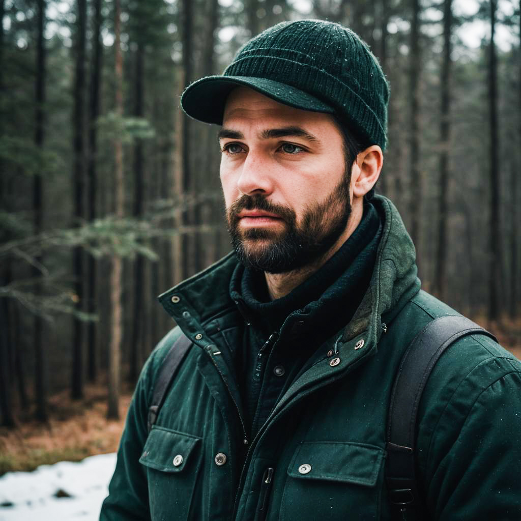 Rugged Man in Snowy Forest