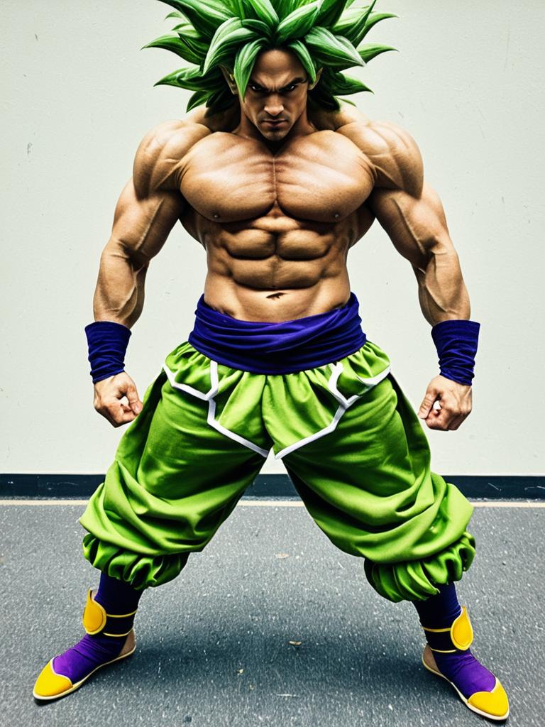 Realistic Man Cosplay as Broly from Broly Trilogy with Muscular Build