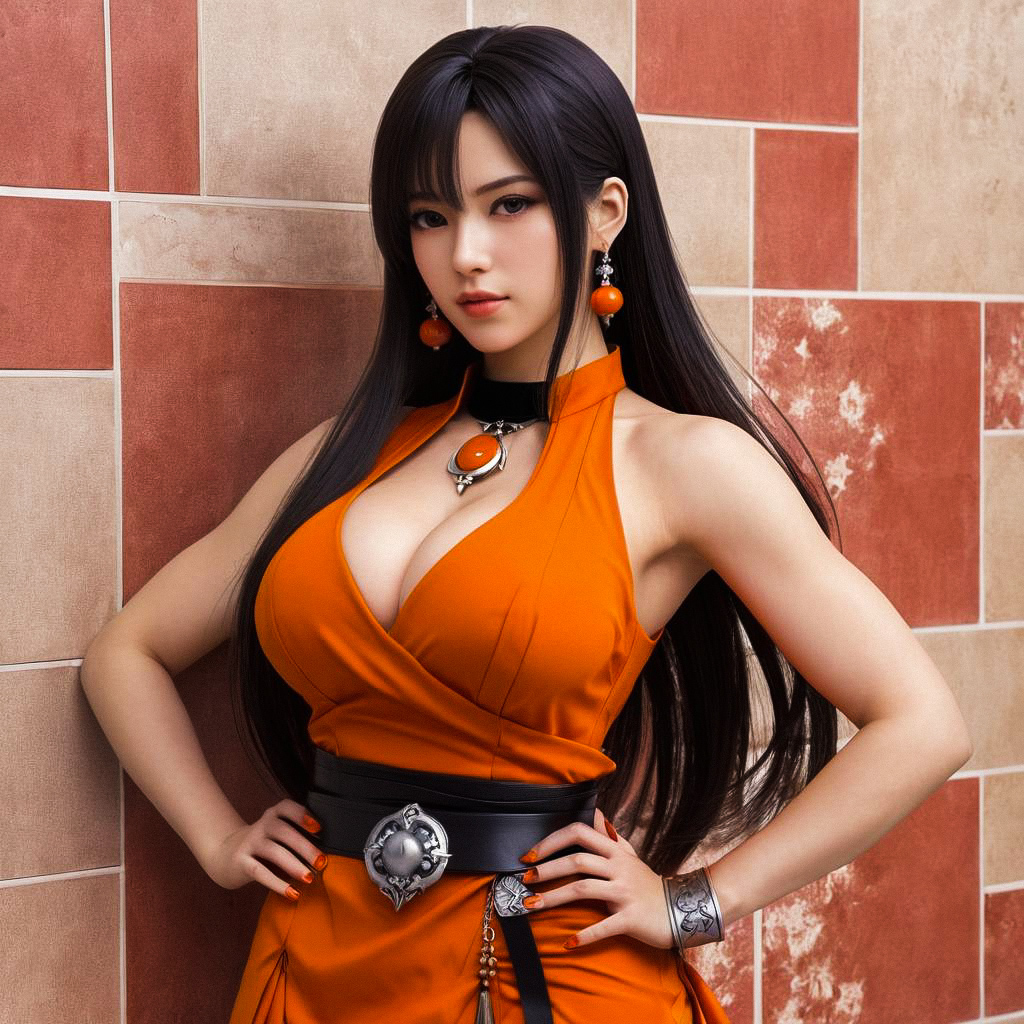 Confident woman in vibrant orange dress with intricate jewelry Confident woman in vibrant orange dress with intricate jewelry