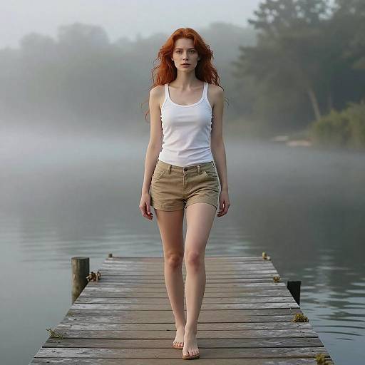 Casual Gen Z Woman Walking Barefoot on Misty Lake Dock