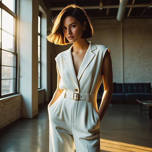 Confident Woman in White Sleeveless Belted Jumpsuit in Modern Loft
