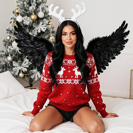 Young Woman in Festive Christmas Sweater with Black Feather Wings and White Antlers