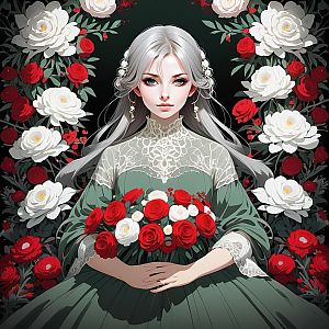 Elegant Woman in Vintage Lace Gown with Roses