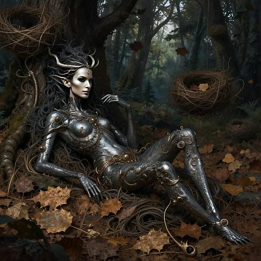 Fantasy Elven Woman in Metallic Armor Relaxing in Enchanted Forest