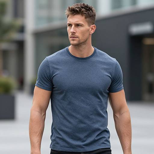 Young Fit Man in Blue T-Shirt Urban Casual Fashion