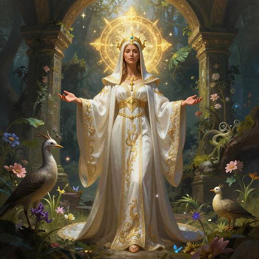 Majestic Woman in White Gold Robes with Halo in Enchanted Forest Fantasy Artwork