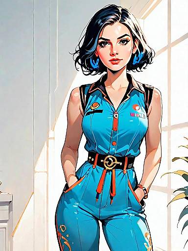 Confident Woman in Blue Military-Inspired Jumpsuit Digital Illustration