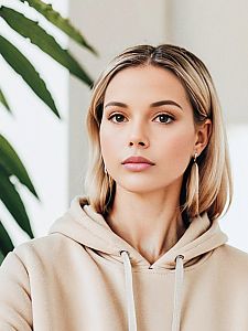 Young Woman in Beige Hoodie - Cozy Indoor Portrait
