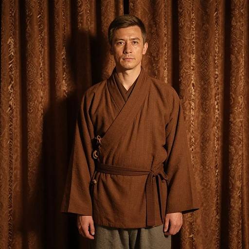 Man in Traditional Brown Robe with Patterned Curtain Background